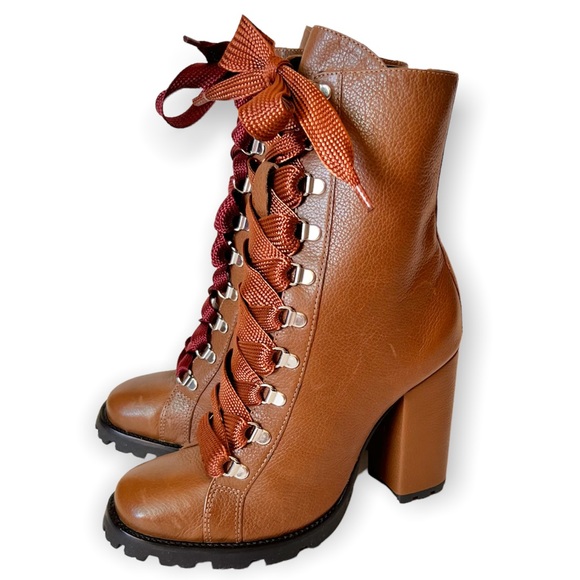SCHUTZ Shoes - SCHUTZ Zhara Leather Lace-Up Booties in Cognac/Dark Wood